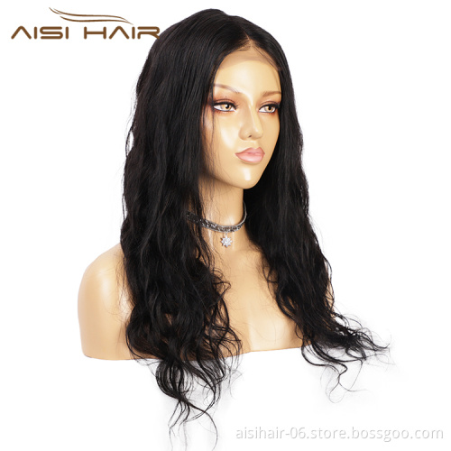 Aisi Hair Wholesale 20 Inch Long Wavy Natural Black Wig 4x4  Lace Frontal Wigs Human Hair Lace Front Wigs For Women